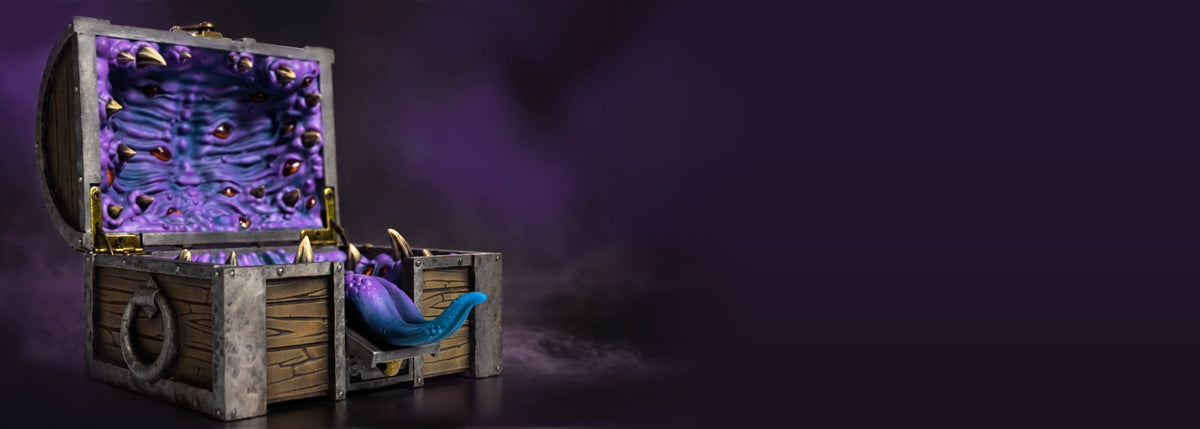 The Mimic Dice Box, open, tongue out, on purple smoke