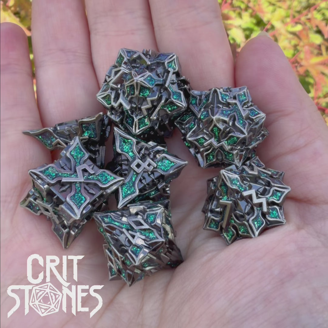 Viridian Alloy Metal RPG Dice Set — dice in motion