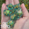 Forest Dragon's Gaze Floating Eye RPG Dice Set — dice in motion